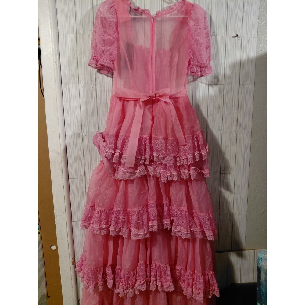 Dolls Kill Sugar Thrillz Pink Sheer Organza Tiered Lace Ruffle Maxi Dress NEW XS - Picture 6 of 13